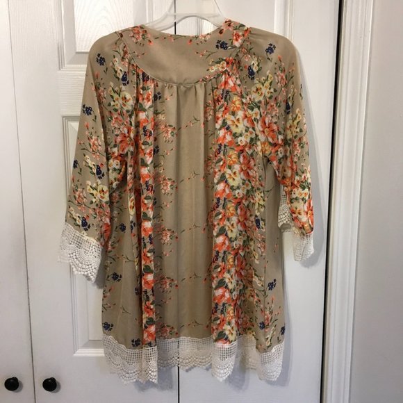 Tan And Floral Sheer Cardigan With White Eyelet Hem - Picture 4 of 5